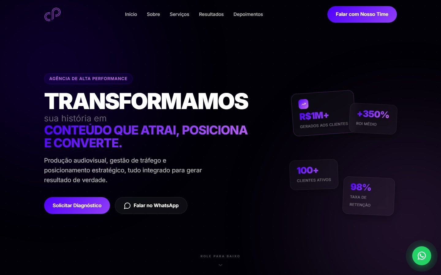 Página inicial da Carvalho Publicidade, com números de resultado em cards flutuantes