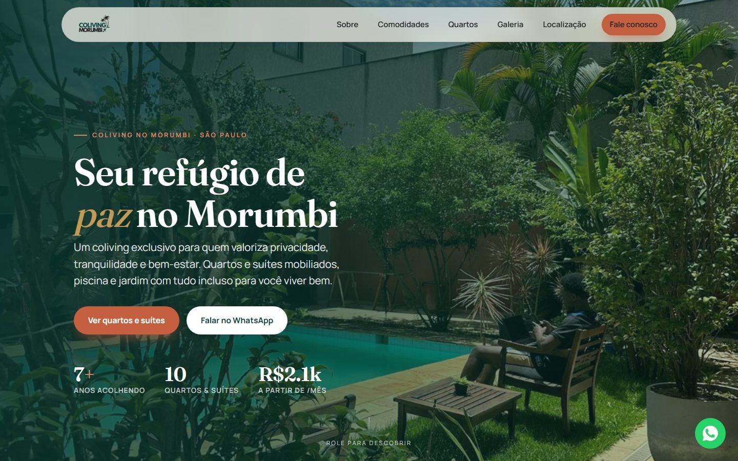 Página inicial do Coliving Morumbi, com foto do jardim e da piscina ao fundo