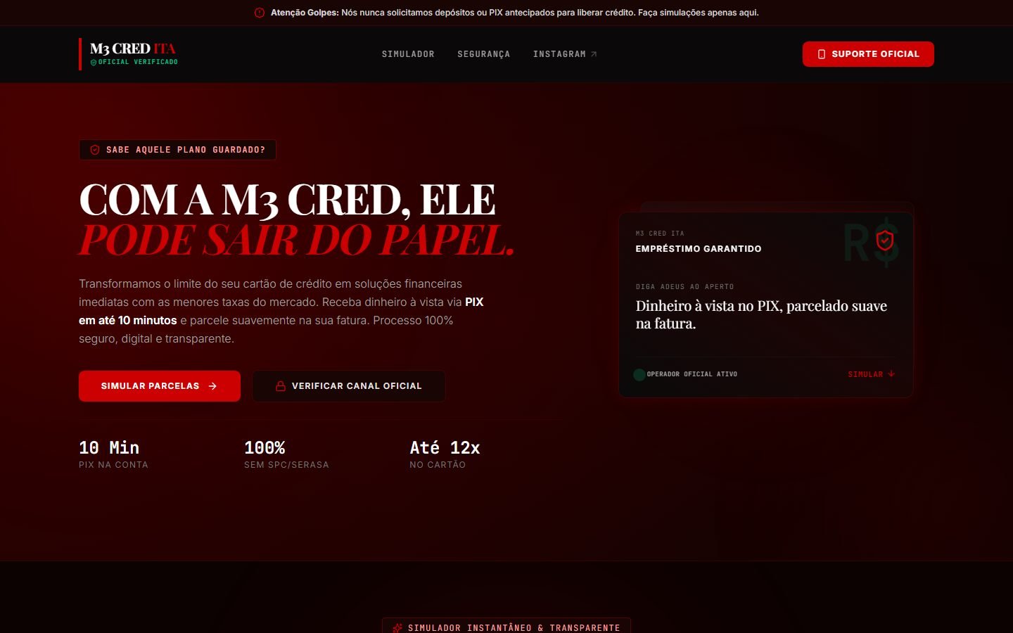 Página inicial da M3 Cred, com simulador de crédito em destaque