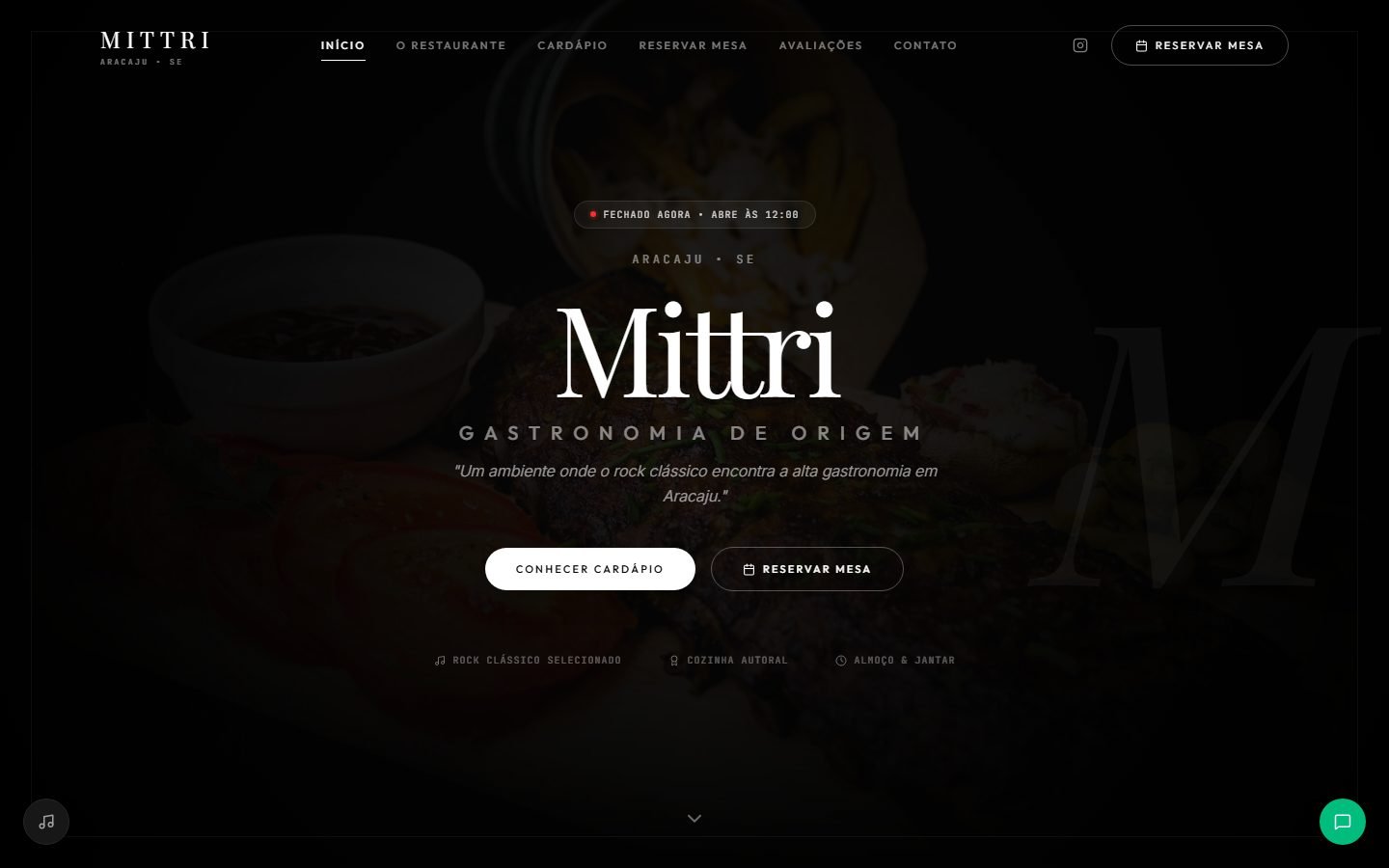 Página inicial do site do restaurante Mittri, com o nome em destaque sobre foto de um prato