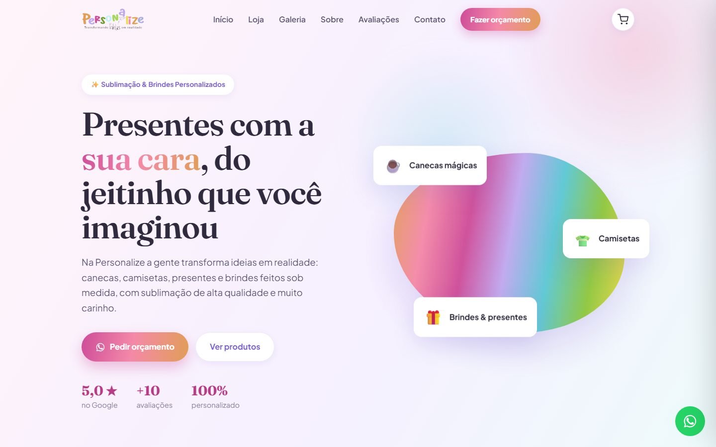 Página inicial do site da Personalize, com cards de canecas, camisetas e brindes