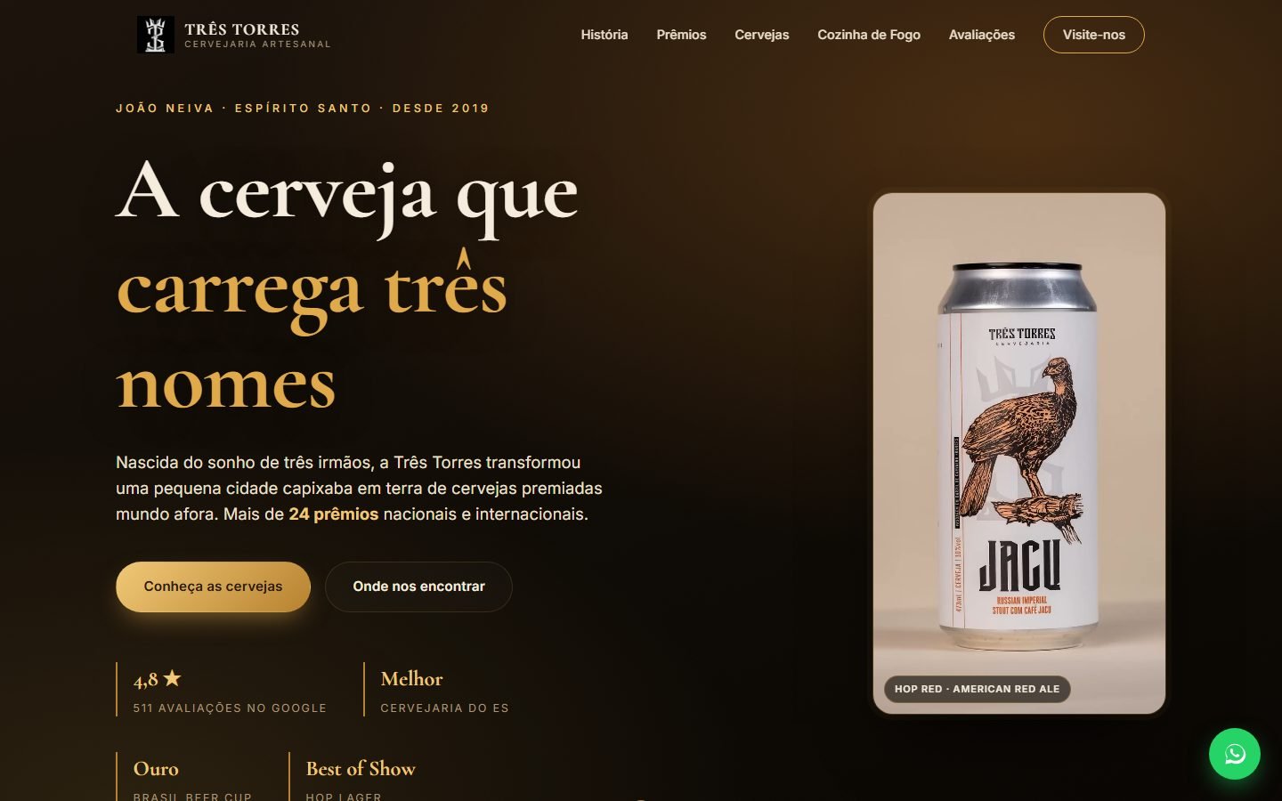 Página inicial do site da Três Torres Cervejaria, com uma lata de cerveja em destaque